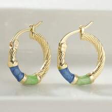 Retro Blue-Green Contrast Twist Hoop Earrings, Unique Glazed Design, Minimalist Elegant Earrings For Women - Gold - View 6