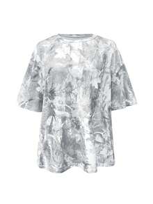 Women Camo Print Round Neck Short Sleeve Oversized T-Shirt, Casual Street Loose Fit Top - trắng - Xem 4