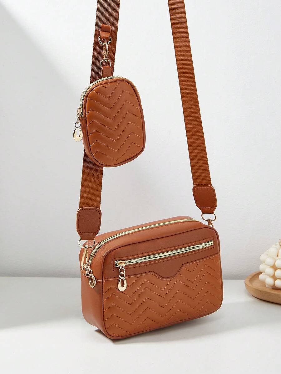 1pc Girls' Mini Wave Pattern Embroidered Letter Pouch, Phone Wallet Coin Purse - Brown - View 1