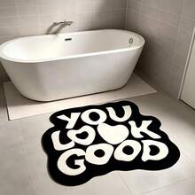1pc "You Look Good" Asymmetrical Shaped Plush Rug, Machine Washable, Home Decor For Living Room, Bedroom, Bathroom, Kitchen - Black - View 5