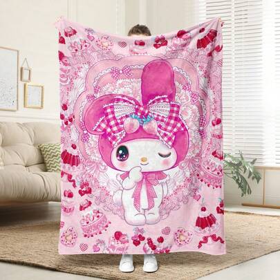  1pc Comfortable My Melody Pattern Flannel Blanket, Soft Polyester Knitted Design, Versatile Use, Machine Washable, Plush Throw Blanket Ideal For Home, Travel, Outdoor, All Seasons, Great For Sofa, Bed, Office Or Travel, Perfect For Movie, Nap, Bedroom, Office, Car, Sanrio Blanket