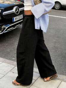 Women Linen Pants Elastic Waist Drawstring Loose Fit Breathable Wide Leg Casual Summer Pants - 黑色 - 查看 3