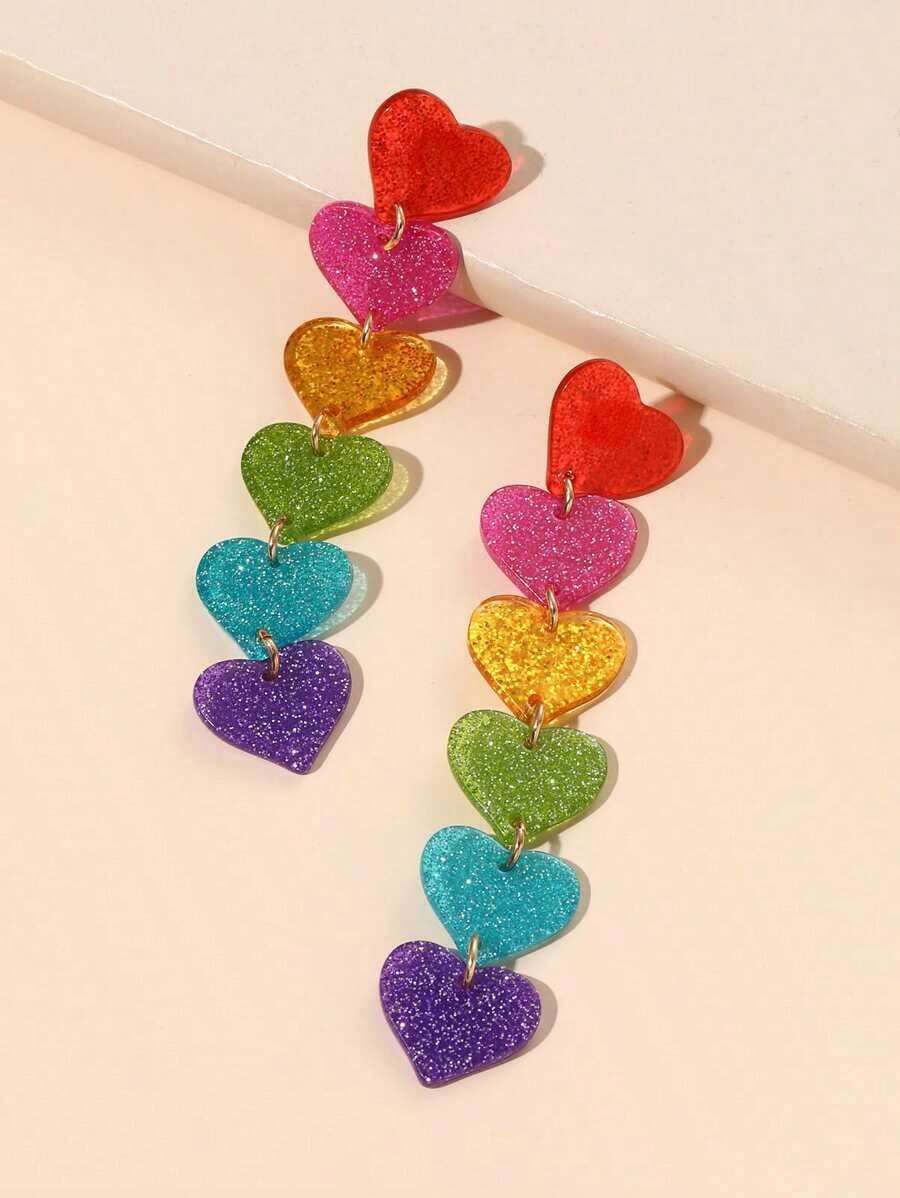 Glitter Detail Heart Drop Earrings Valentines,Mom,Mother,Mother's Day,Gift - 彩色 - 查看 1