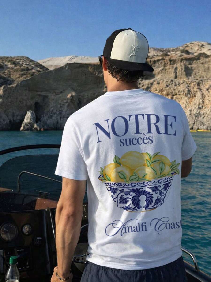 男士夏季休闲美式复古度假风法式浪漫休闲柠檬花卉印花陶瓷碗圆领T恤,户外、都市、常规、休闲、简约、百搭、个性化、运动 - 白色 - 查看 1