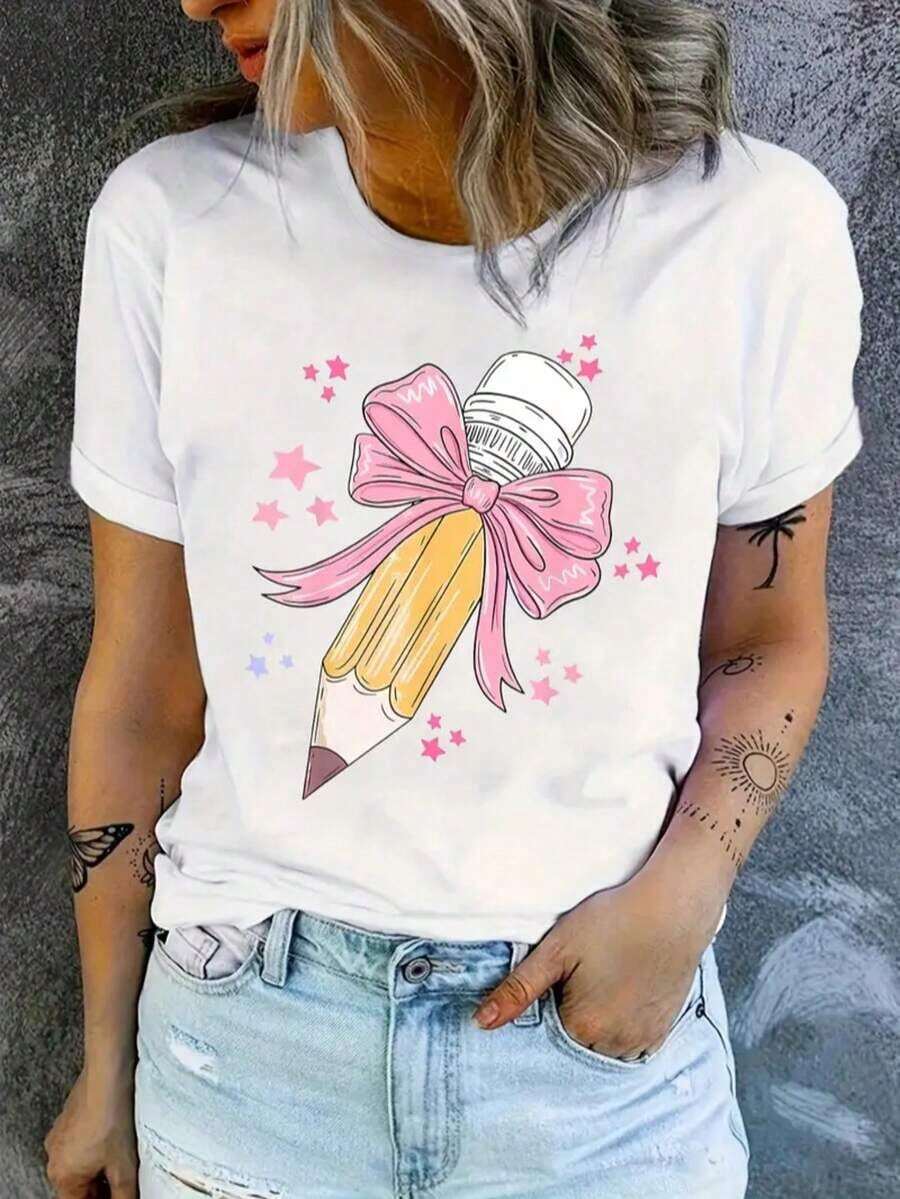 1 Piece Of Women's T-Shirt, Fashionable Cool Casual Crew Neck T-Shirt With Printed Letters, Women's Sweater Clothing For All Seasons (Spring, Summer, Autumn, Winter), Suitable For Sports/Beach/Street/Party, As A Gift For Him/Her, Friends - 180g And 100% Cotton (S-3XL, Local Shipping) - 白色花朵 - 查看 1