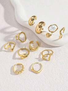 11pcs Punk Style Rings Set, Vintage Geometric Rings Set, Fashion Personalized Jewelry Gift, Suitable For Daily Outfit And Party Accessories [Some Rings Are Open But Not Adjustable, Please Do Not Forcibly Bend Them Or They Will Break, Sizes Are Marked] Random Pearl Color - 金牌 10 - 查看 5