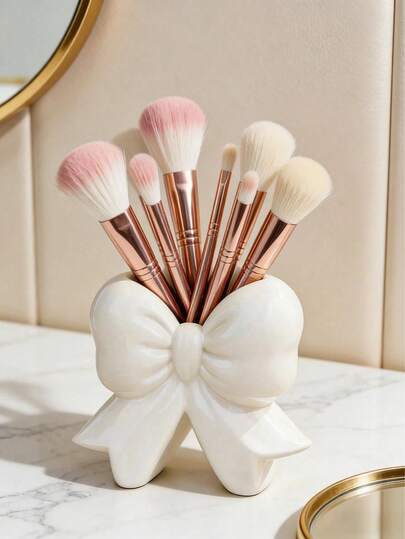 1pc Cute Bow-Shaped Cosmetic Box - Desktop Brush And Office Supply Storage Box, Elegant Makeup Brush Holder Design, Suitable For Girls, Students And Women, As Creative Decor