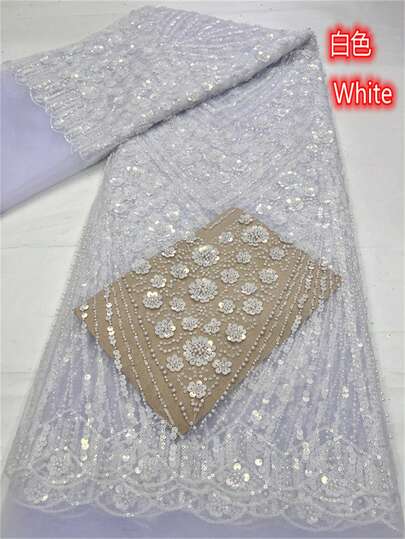 High Quality White African Blue Handmade Beaded 3D Floral Lace Fabric 2026, With Sequin Embroidery, Suitable For Party And Wedding, 5 Yards/1 Piece, Red