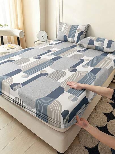 1PC Geometric Modern Abstract Arc & Circle Pattern Fitted Sheet Bed Sheet Soft Skin-Friendly Non-Slip Bedding Suitable For Twin/Full/Queen/King Size Bed, Machine Washable, Ideal For Bedroom Decor