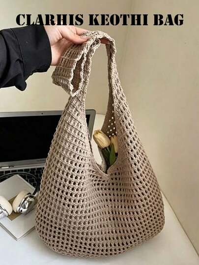Ins Boho Khaki Polyester Faser Schultertasche, Cut Out Strickgewebe asymmetrische große Shopper Tasche, vielseitige Tasche für Dates, Einkaufen, Urlaub, Reisen, Alltag, schicker lässiger Handtaschentrend für junge Damen, Studentinnen, modebewusste Frauen