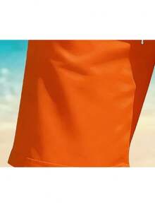 Quick-Dry Beach Shorts With Coastal Scenery Print, Lightweight Drawstring Beach Shorts, Casual, Slightly Stretchy, Perfect For Summer Vacations, Surfi - 橘色 - 查看 4