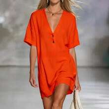 Women's Dress Casual Loose Fit Short Sleeve Button Front Dress Summer Lightweight Outfit - 橘紅色 - 查看 11