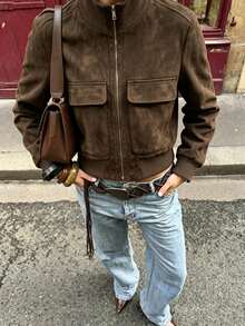 DEEKA 春秋新款女士外套，欧美简约罗纹立领飞行员夹克 - 棕色 - 查看 2