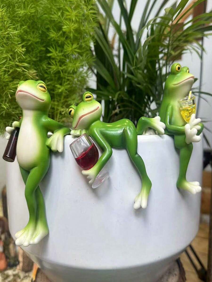 1 Set Frog Sculpture, Garden Decor, Frog Drinking Water/Juice Sculpture, Potted Plant Decor, Floral Frog Sculpture, Fairy Garden Accessory, Home Balcony Lawn Yard Decoration - E - View 1