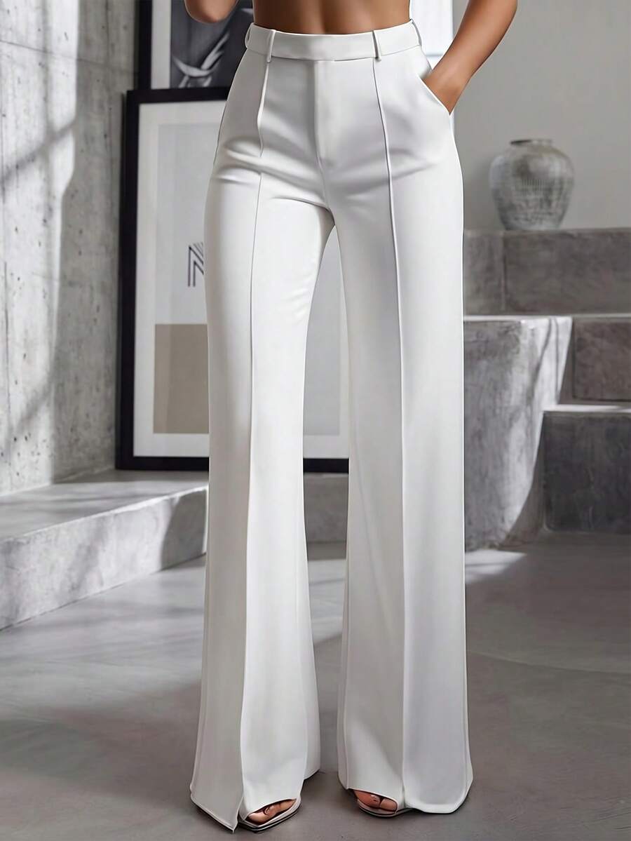 Solid Color Mid-Waist Straight Leg Flared Pants, Women's Minimalist Versatile Commuting Casual Trousers For Office & Daily Wear White - White - View 1