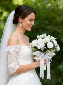 人造麦穗玫瑰新娘婚礼捧花，饰以心形水钻、蕾丝丝带和缎带蝴蝶结，适用于婚礼仪式和摄影的仿真花束 - 彩色 - 查看 10