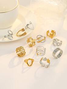12pcs Stainless Steel Gold-Tone Fashion Open Rings Set, Floral, Wheat, Oval, Star & Moon Designs, With Pink Gift Box, Suitable For Women's Daily Decoration Or Gift - Gold and Silver - View 4