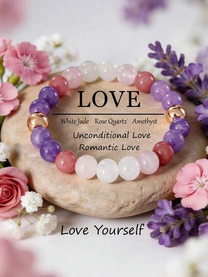 1pc Boho Style Love Bracelet, Rhodochrosite, Purple Spodumene, White Jade & Rose Quartz Crystal, Symbolizing Trust & Harmony, Meditation Jewelry, Gift For Women, Relaxing & Friendship