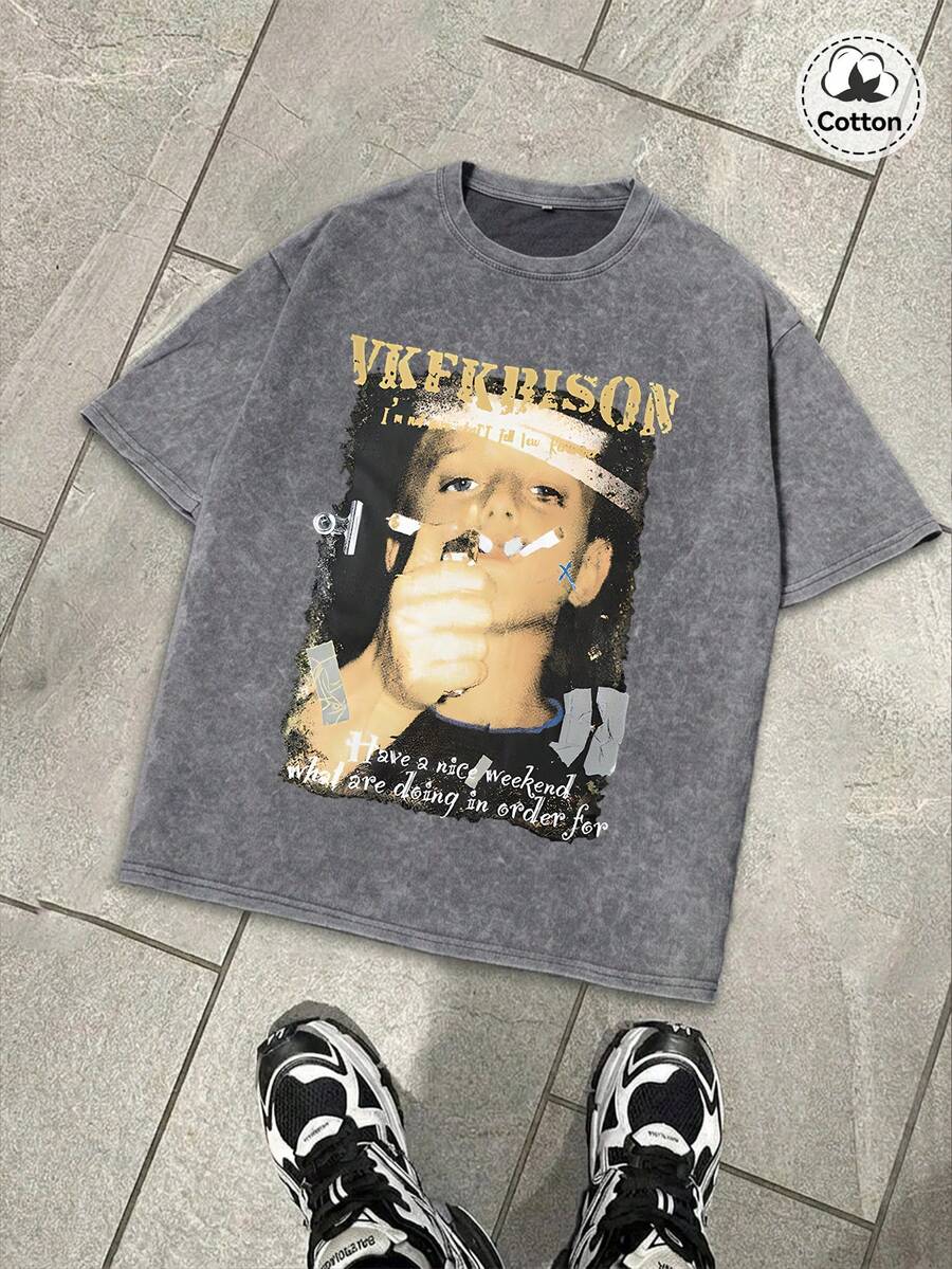 Hemo, Camiseta gráfica de calle para hombres, Mezcla de algodón lavado ligeramente elástica y desgastada, Cuello redondo de manga corta gris, Camiseta casual diaria - Gris - Ver 1