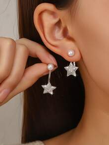 1 Pair Minimalist Elegant Sweet Faux Pearl & Star Design Earrings, Versatile For Commute, Dating, Music Festival, Eid Al-Fitr, Eid Al-Adha, Gold & Silver Color - Multicolor - View 3