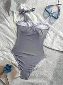 New Fashionable Sexy Elegant Striped Lace Ruffle Bust Bow Detachable Strap One-Piece Swimsuit For Beach, Pool Party, Vacation Black Summer - Black - View 5