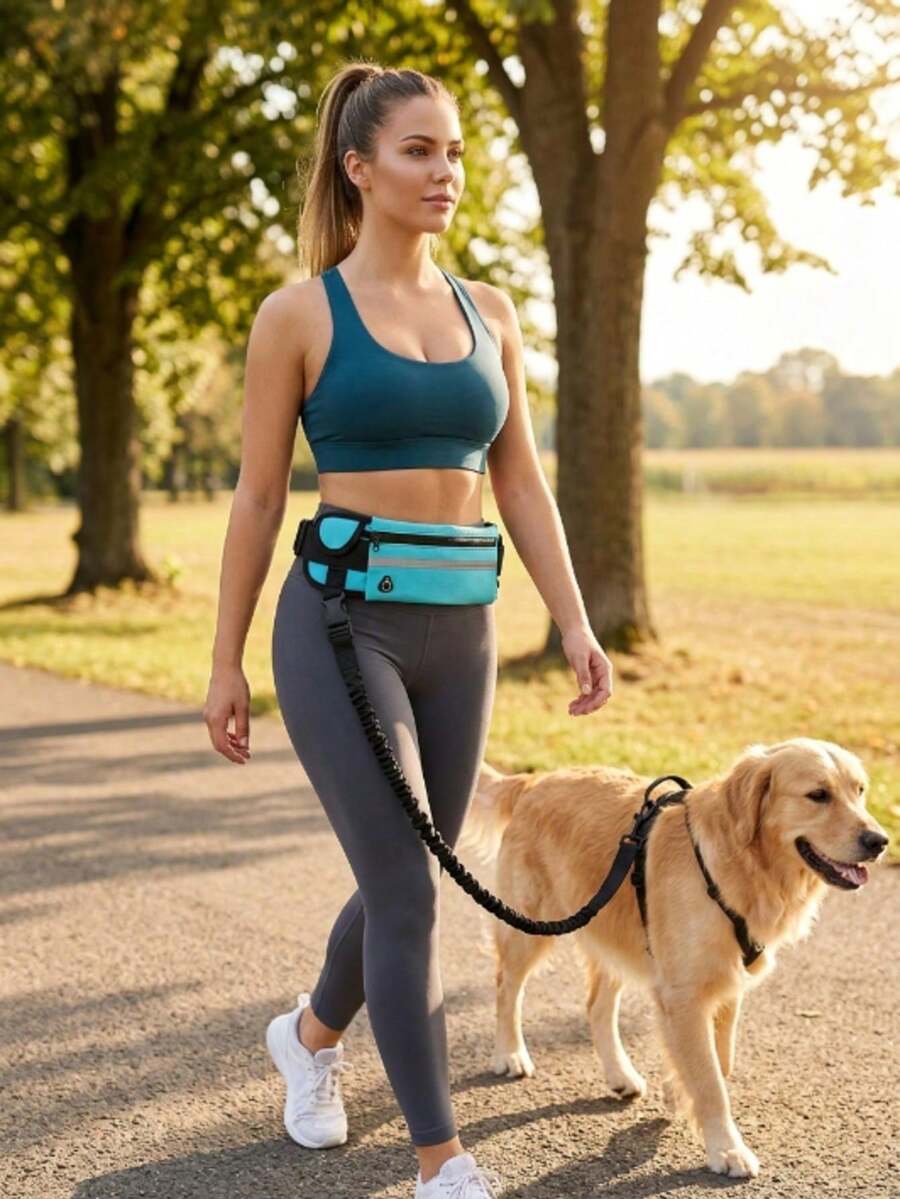 1pc Retractable Elastic Dog Leash, Hands-Free Design, Multi-Function Storage Waist Bag, Night Reflective Strip, Convenient Earphone Hole, High Elastic Shock-Absorbing Leash, Anti-Burst Control, Suitable For Morning/Evening Running, Walking, Hiking - Multicolor - View 1