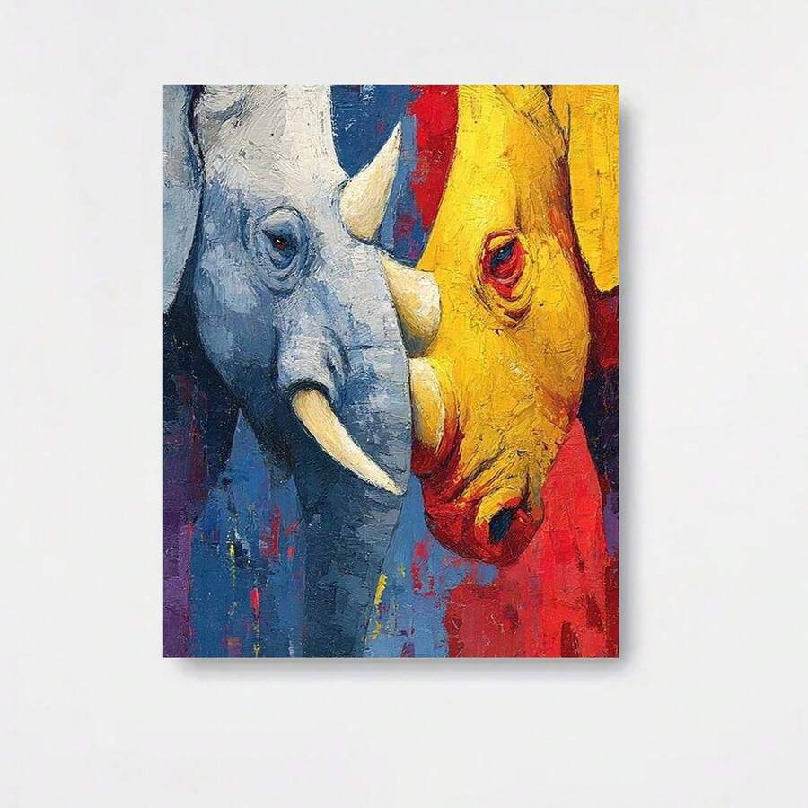 Plano 2D, 1 pieza Póster de lienzo plano 2D sin marco, Pintura en lienzo de elefante y rinoceronte coloridos, Diseño único, Duradero y de larga duración, Regalo ideal para uso en interiores/exteriores, Decoración de cafetería | Arte de pared vintage | Arte de pared duradero, Decoración de habitación - Enmarcado - Ver 1
