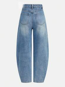 女士长款无弹力直筒牛仔裤，独特阶梯式腰带设计 - 藍色 - 查看 5