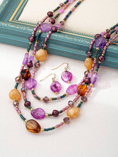 1 Bộ dây chuyền và bông tai đính cườm thủ công, kiểu dáng bohemian nhiều lớp thanh lịch, bộ trang sức màu tím cổ điển sang trọng, thích hợp cho các bữa tiệc.