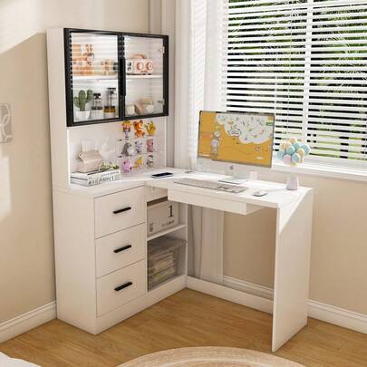 -Local Delivery-Computer Desk With Glass Cabinets & Built-In LED Lights, Corner L-Shaped Office Desk With USB Charging Ports, Keyboard Tray, Ergonomic Design For Home And Corporate Workspaces(White)
