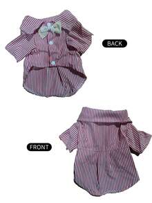 1 pieza Camisa con corbata de moño a rayas de verano ligera para perros pequeños, ropa para mascotas tipo Poodle Teddy - Rojo y blanco - Ver 4