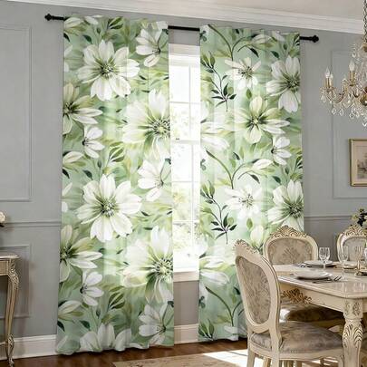 2pcs Floral Printed Curtains, 100% Polyester Fabric, 2D Flat, Suitable For Bedroom, Living Room, Dining Room And Other Rooms For Holiday Decoration (Rods Not Included)