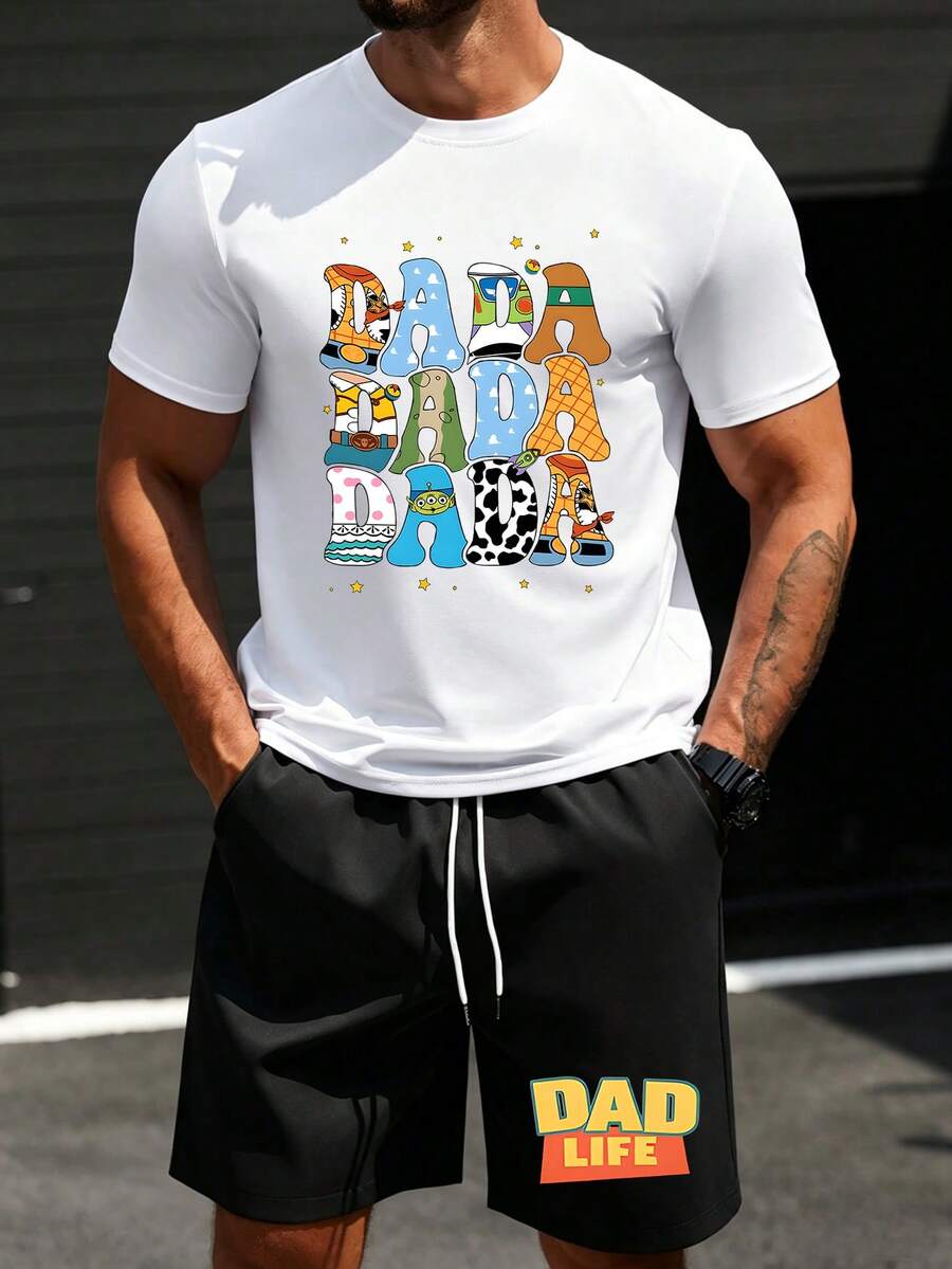 Disney Toy Story "DADA" Print Men's 2 Piece Outfit, Cartoon Character Pattern Short Sleeve T-Shirt And Elastic Waist Shorts Co-Ord, "Dad Life" Graphic Set, Summer Daily Loungewear, Comfortable Homewear For Him - trắng - Xem 1