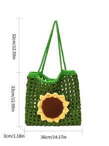 Handmade Crochet Hollow Sunflower Tote Bag, Fashionable Shoulder Bag - Green - View 7
