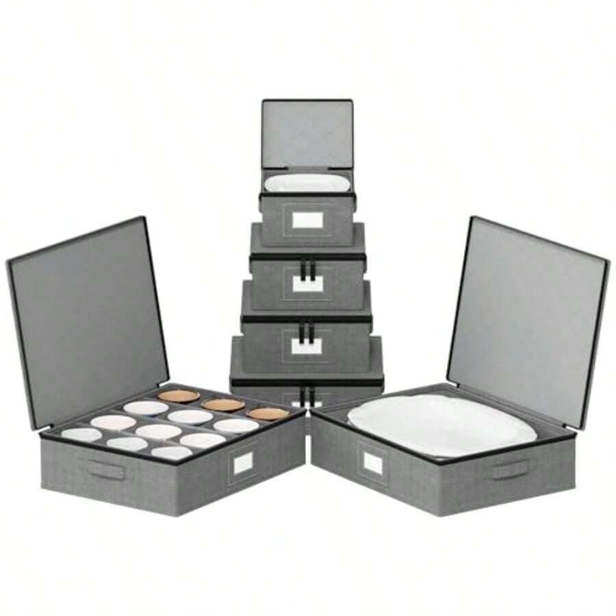 China Storage Containers 6 Pack Stackable Hard Shell Quilted Cases With Soft Plate Separators Moving Plies Packing Boxes For Dishes Plates Platters Mugs Cups Grey - Grey - View 1