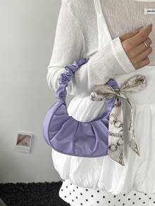 Elegant Pleated Handbag, Suitable For Home, Shopping, Mini Solid Color Cloud & Crescent Pleated Handbag For Women - Purple - View 6