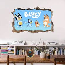 Bluey 3D 破墙 Bluey 一家墙贴，可移除乙烯基 Bluey 和 Bingo 一家墙贴，创意洞景墙贴，卧室装饰，即撕即贴卡通家居装饰，适用于房间、浴室墙砖 - 多色多款 - 查看 2