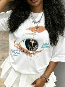 Loose Y2K Stylish Letter Print T Shirt - Casual Round Neck,Short Sleeves,Machine Washable - Suitable For Spring/Summer/Autumn,Fashion Style - 白色 2 - 查看 2
