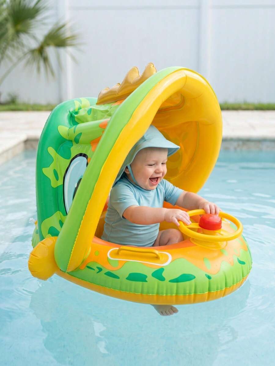 Phao bơi hình khủng long có mái che nắng tháo rời và vô lăng đồ chơi, ghế bơi bơm hơi chống lật cho hồ bơi và bãi biển. - Nhiều màu - Xem 1