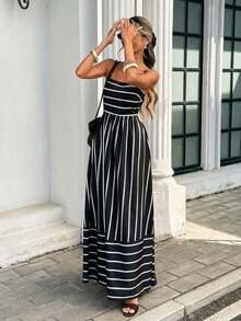 Vestido sin mangas casual de uso diario con rayas para mujer - Negro - Ver 9