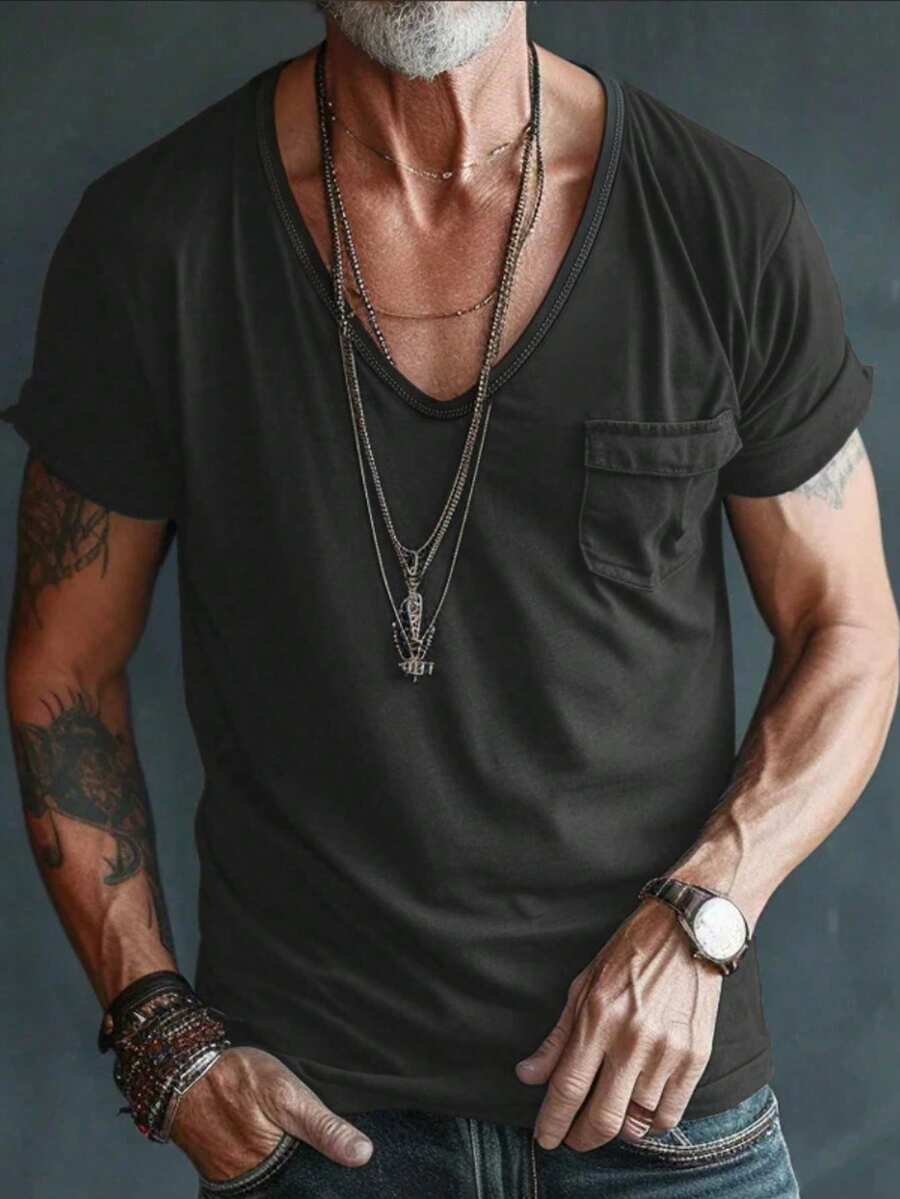 Camiseta de manga corta con cuello en V de algodón 100% casual para hombres, combinada con pantalones cortos de estilo americano, adecuada para viajes/vacaciones/campamento al aire libre - Gris - Ver 1