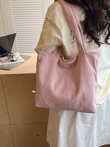 1 pieza Bolso de hombro tipo tote con estampado de letras de pana, adecuado para ir al trabajo, bolso escolar literario y para libros para mujeres o estudiantes, perfecto para libros, compra - Rosa 3 - Ver 5