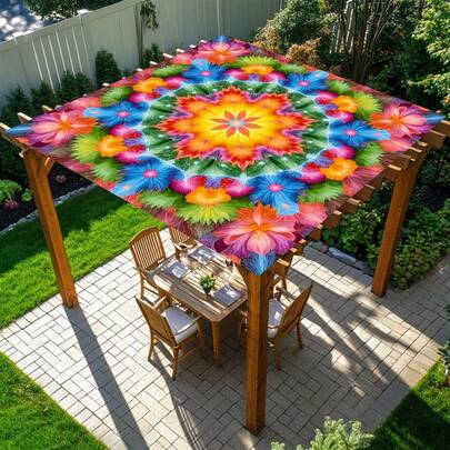 1pc Holographic Colorful Floral Mandala Print Breathable Sun Shade Canopy, UV Protection Patio Awning, Suitable For Outdoor Garden Backyard Patio, Camping Tent, Outdoor Sun Shade Cloth, Hammock Sun Shelter, Thick Anti-UV Garden Gazebo, Beach Sunshade, Outdoor Adventure Gear With Long Hanging Rope, Multiple Sizes Available