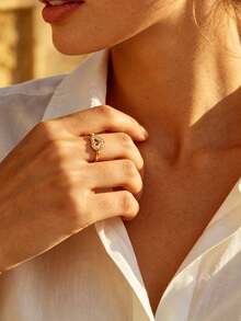1 pieza Anillo de corazón de circonita cúbica vintage para mujer, color dorado, anillo geométrico para boda, fiesta y regalo de joyería - Dorado - Ver 13