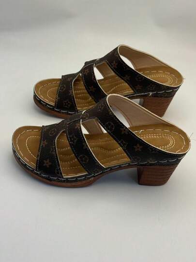 Giày sandal cao gót nữ cổ điển in họa tiết, kiểu dáng thanh lịch, hở mũi, thích hợp cho kỳ nghỉ, đi biển và mặc thường ngày.