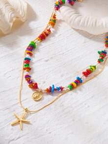 2pcs Bohemian Style Summer Beach Colorful Stone, Starfish, Shell Necklace, Jewelry For Women, Suitable For Street, Party, Beach Accessories - Starfish - View 2