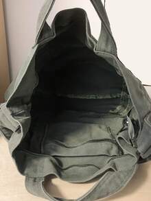 休闲水洗帆布手提包，大容量通勤包，简约复古多口袋男女通用手提包，可折叠多功能单肩包，耐用手提包，适合日常使用、上学、旅行、露营、徒步等场合。 - 軍綠色 - 查看 9