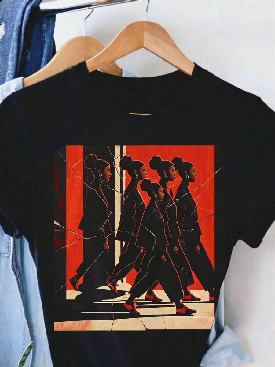 100% Cotton T-Shirt A Girl Walking Shirt T-Shirt Women Tee Graphic Tee - 黑色 - 查看 1
