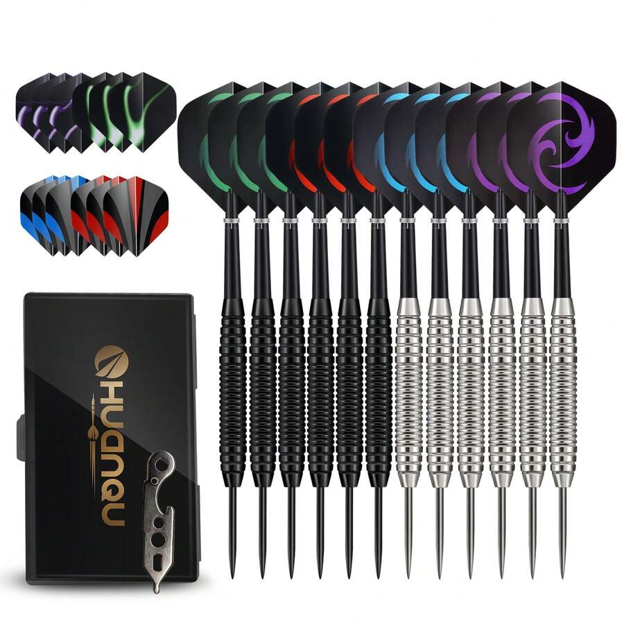 HUANQU 12pcs Professional Darts Set, 20g Hard Darts, Iron Material, Competitive Darts Needle, Cool Spiral Dart Fins, Stable Flight Trajectory, Durable, Full Replacement Parts + Portable Storage Case, Suitable For Beginners Practice And Professional Competitions, Great Gift Choice - Multicolor - View 1