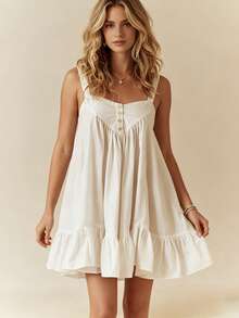 Women Slip Dress, Sleeveless Pleated Ruffled Solid Loose Summer Dress Mini Dress Suitable For Daily Look And Dating Occasions - Ivory White - View 4